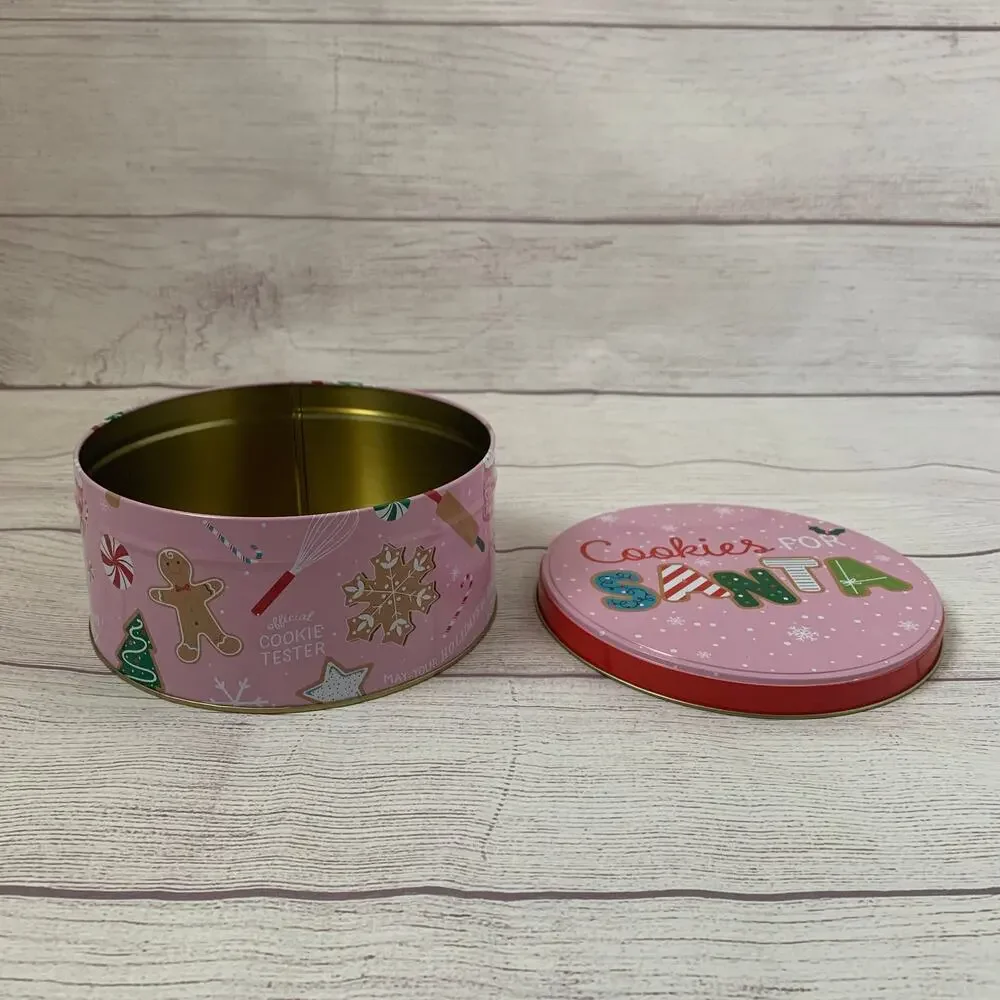 Vintage Pink Christmas Cookies for Santa Tin Empty Metal Storage Box Snowflakes